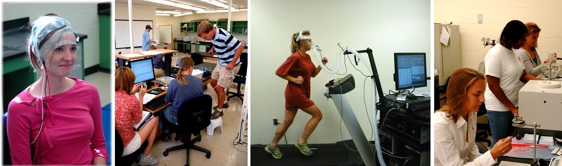 Images illustrating exercises in Human Physiology Laboratory, including the measure of electroencephalogram (EEG), cardiac activity in response to exercise, measuring oxygen consumption while running on a treadmill, and determine food energy content using bomb calorimetry.